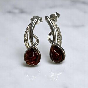 Sterling Silver 925 Cognac Baltic Amber Earrings With Cubic Zirconia Accents